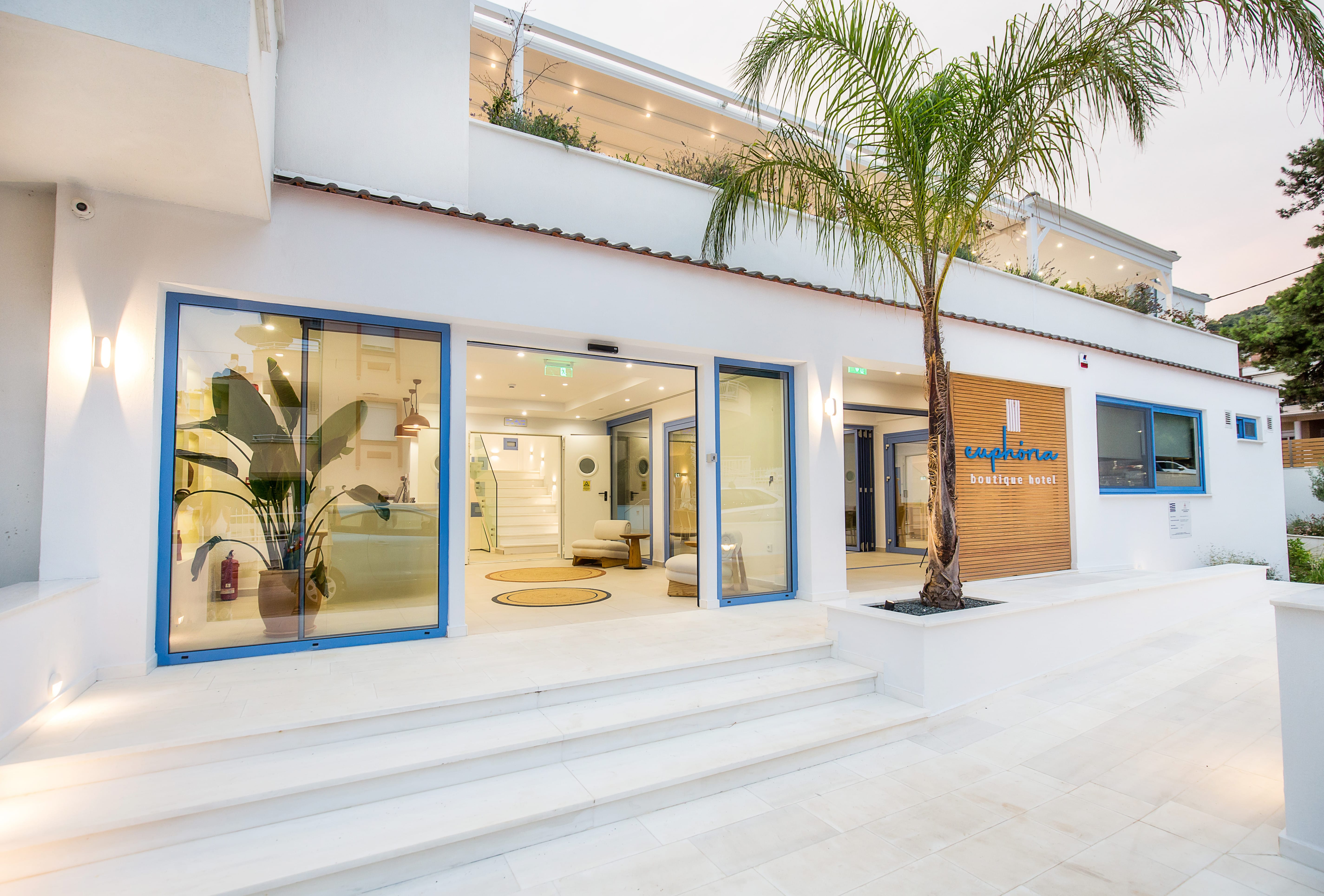 a building with a palm tree