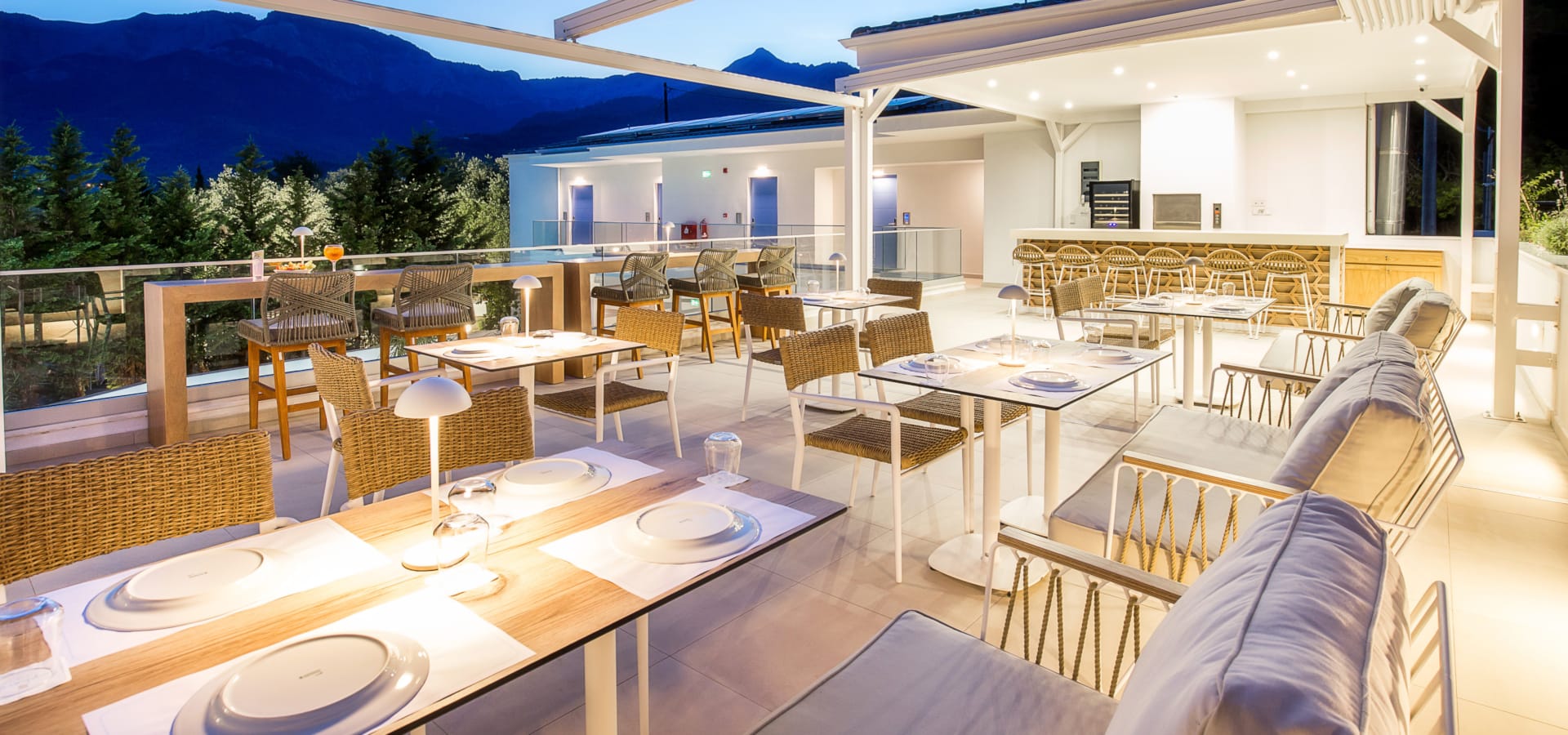 a room with tables and chairs