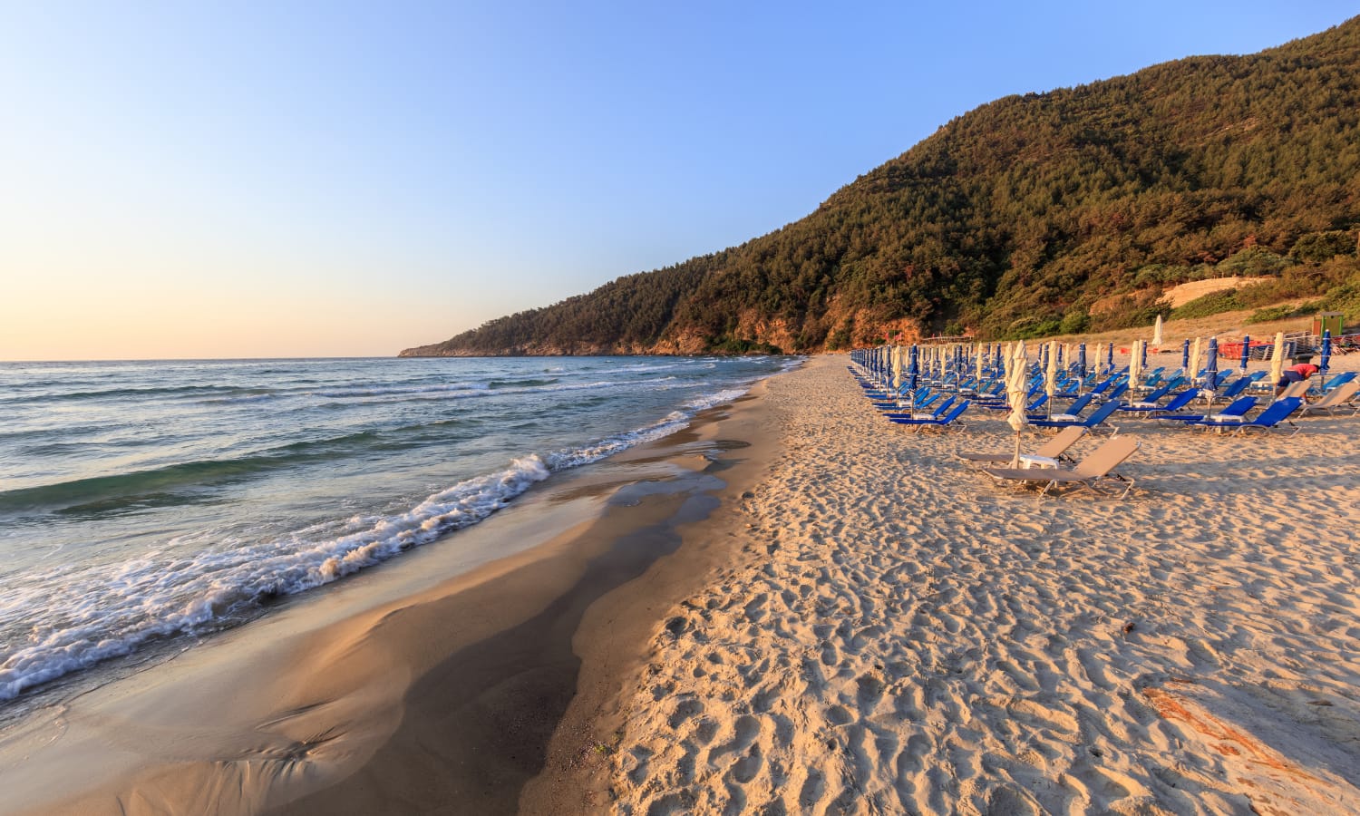 a beach with chairs and umbrellas