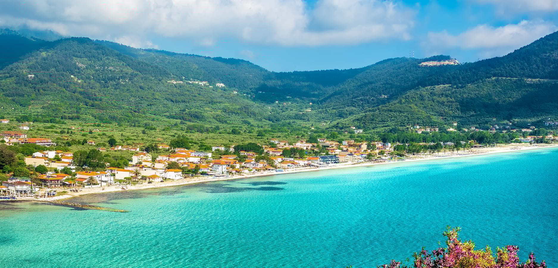 a beach with houses and mountains in the background