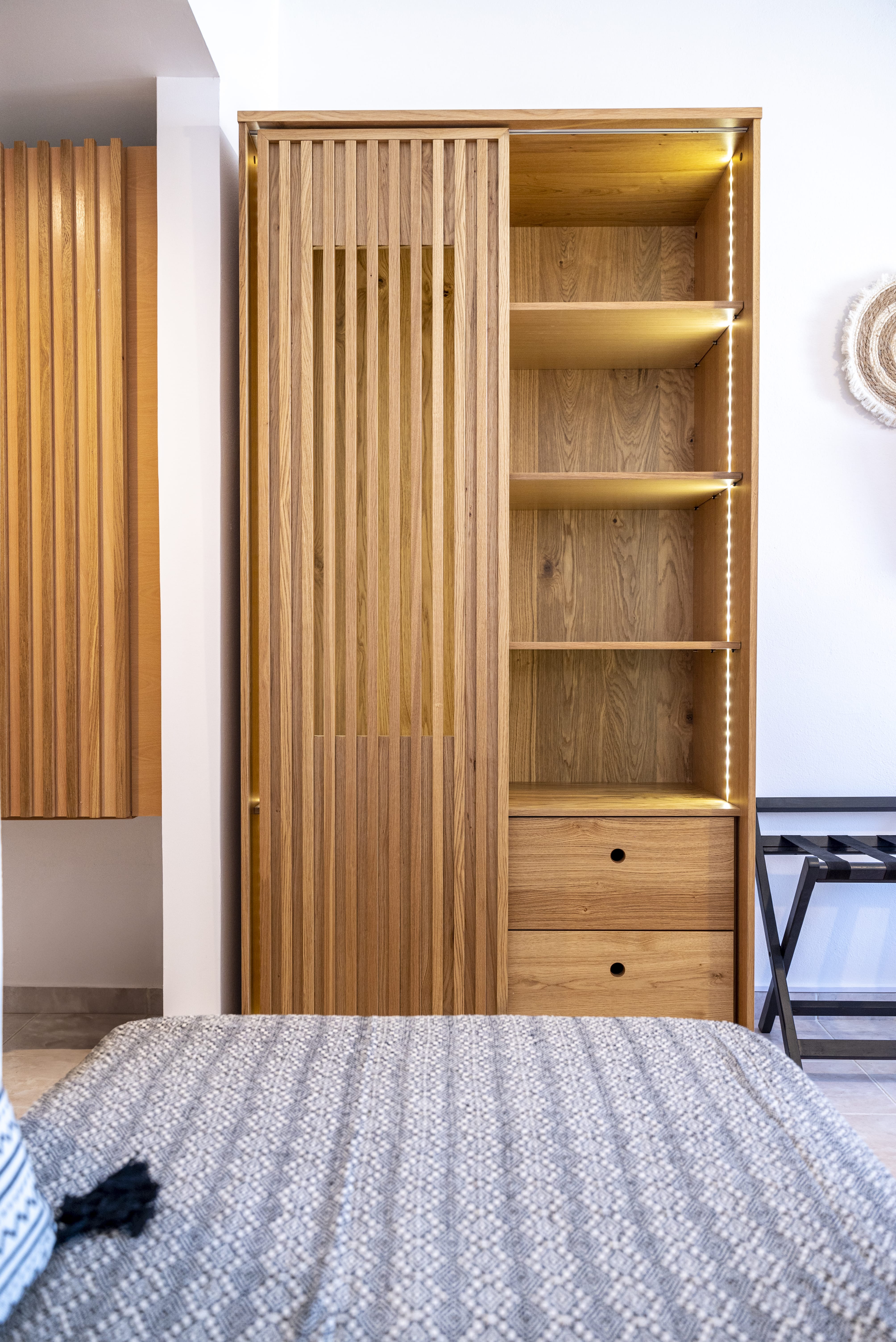 a wooden closet in a room