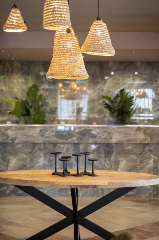 a table with a couple of lights above it