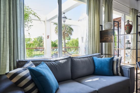 a couch with blue pillows