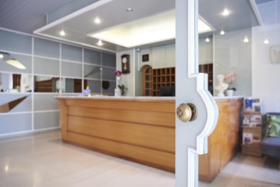 a bathroom with a large mirror