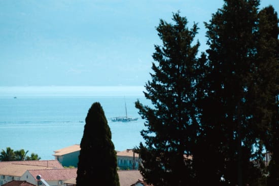 a view of a town and the ocean from a hill