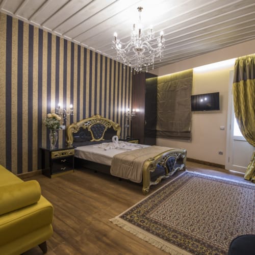 a bedroom with a bed and couches