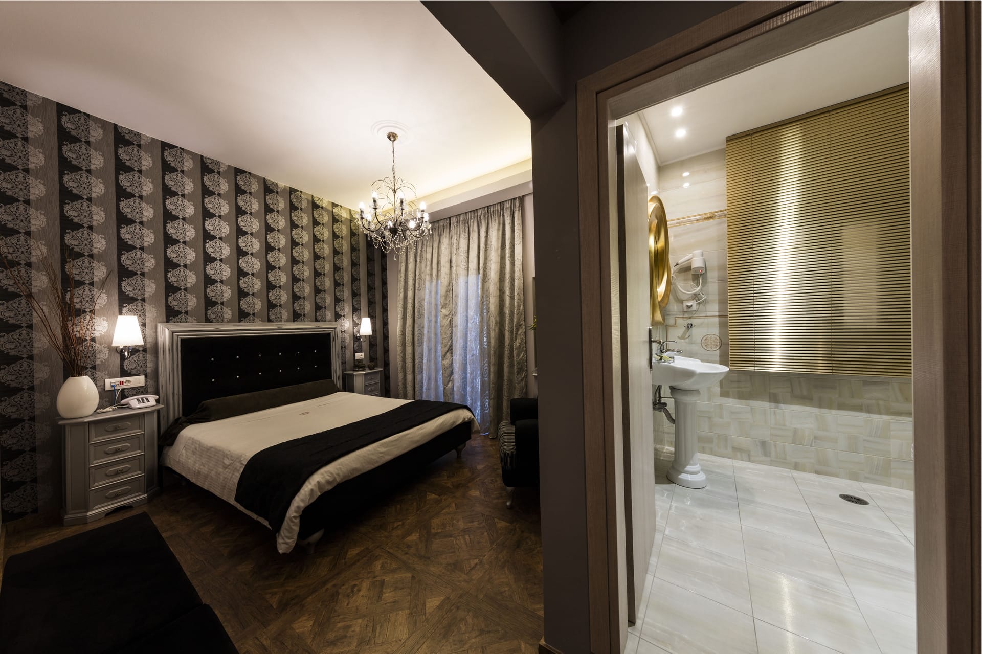 a bedroom with a large mirror