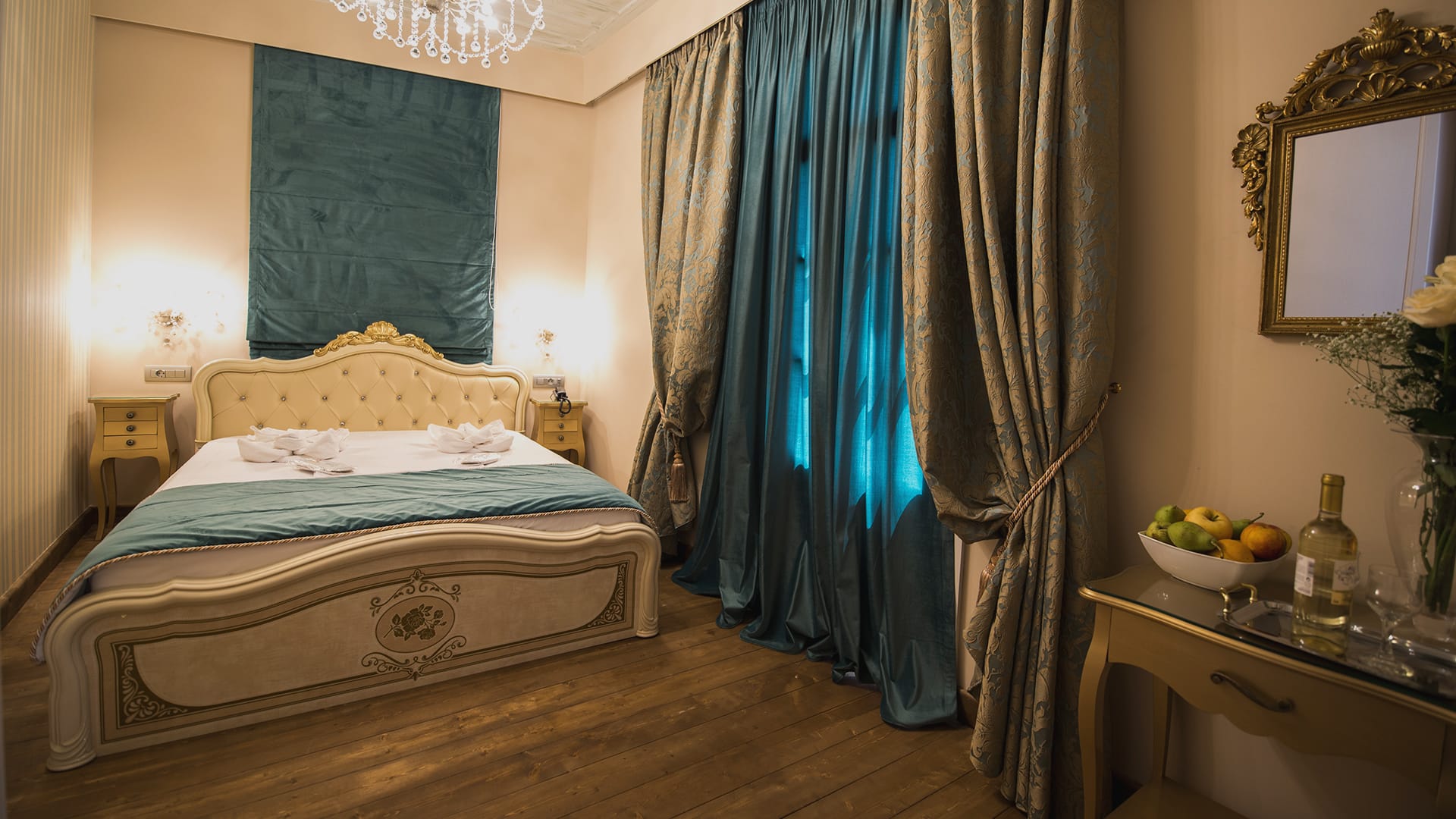 a bedroom with a bed and a table