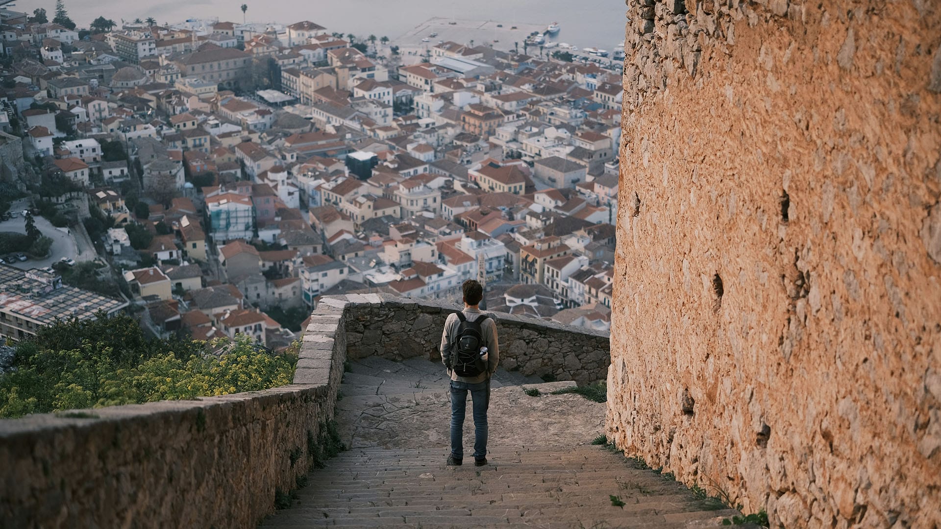 a person standing on a stone wall overlooking a city