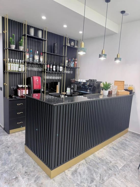 a room with shelves and a counter