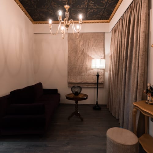 a room with a couch and a table