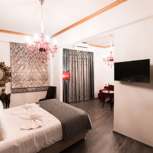 a bedroom with a bed and a television