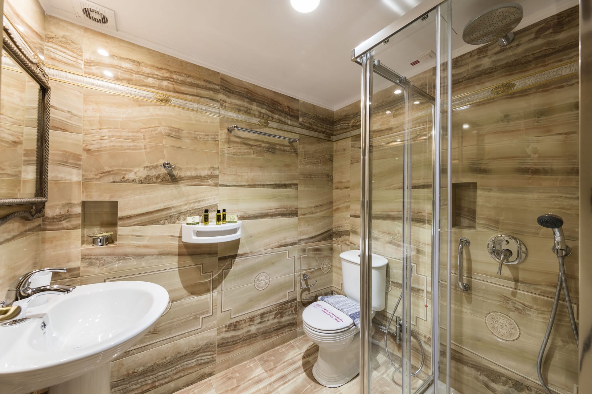a bathroom with a glass shower