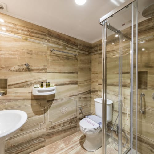 a bathroom with a glass shower