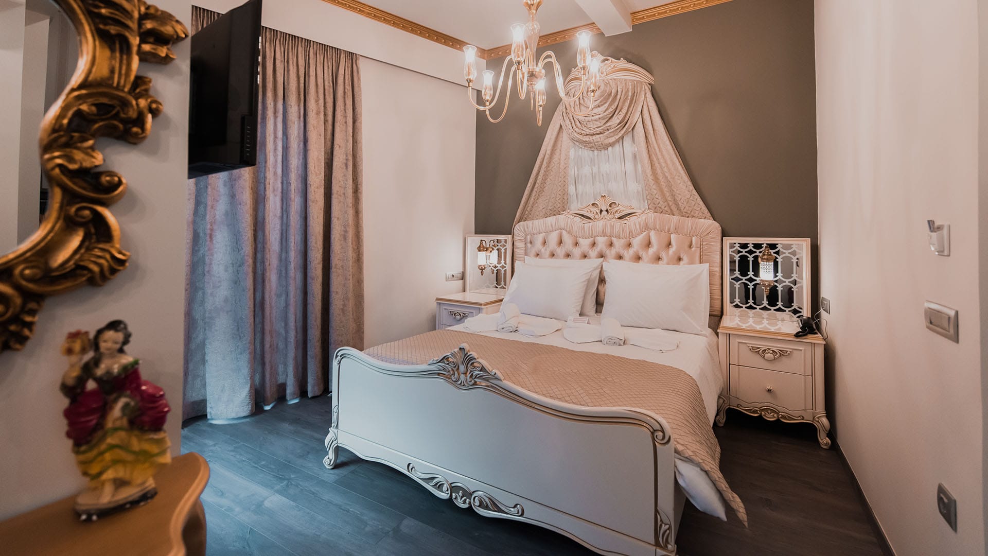 a bedroom with a bed and a table