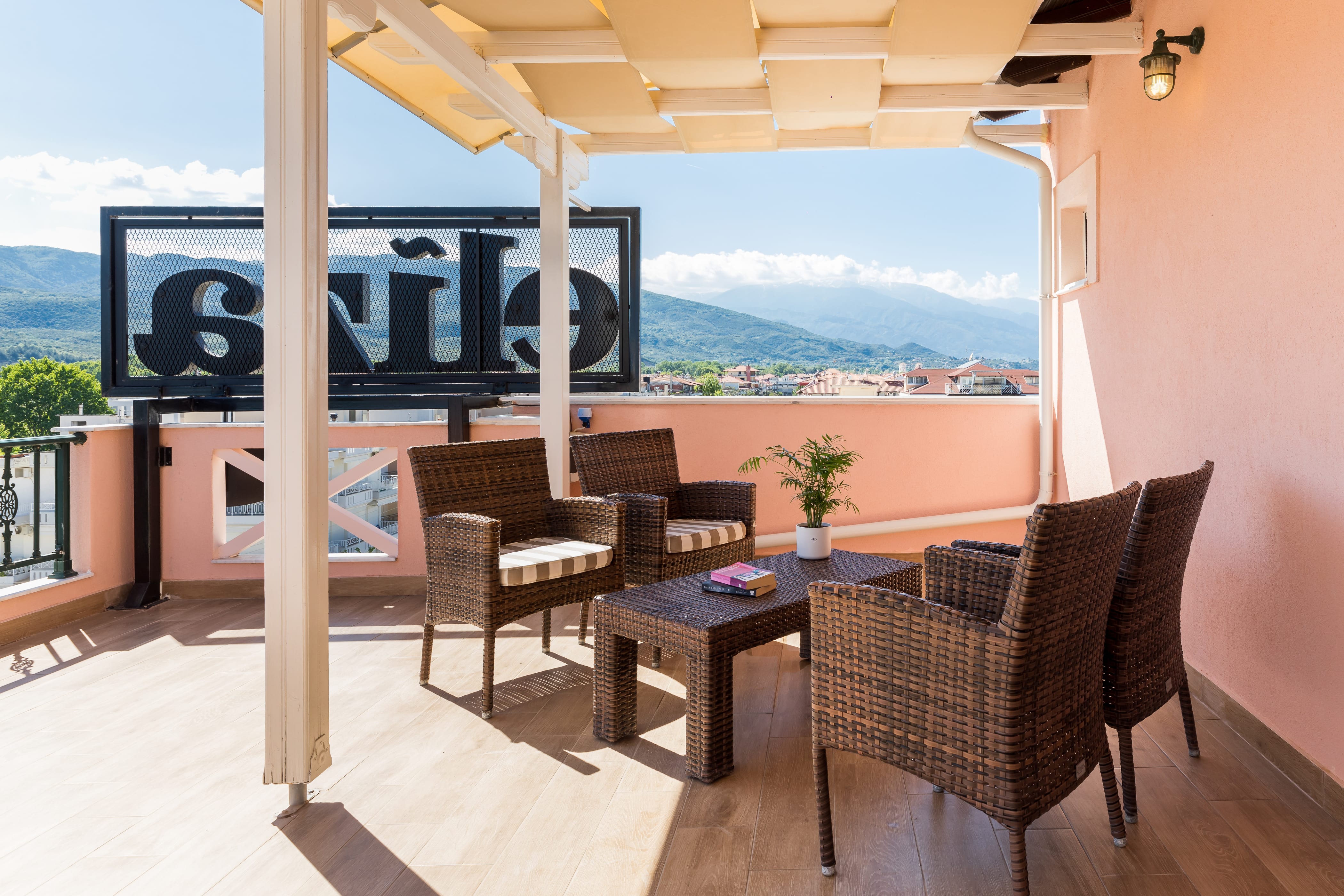 a room with a table and chairs