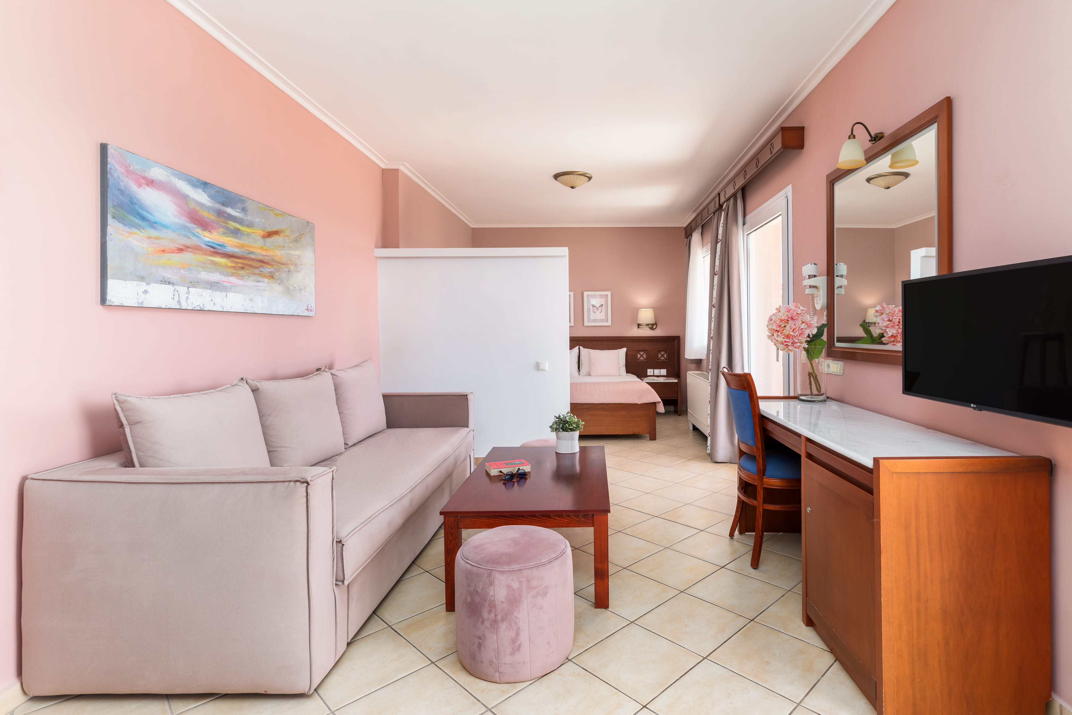 a living room with a couch and a table