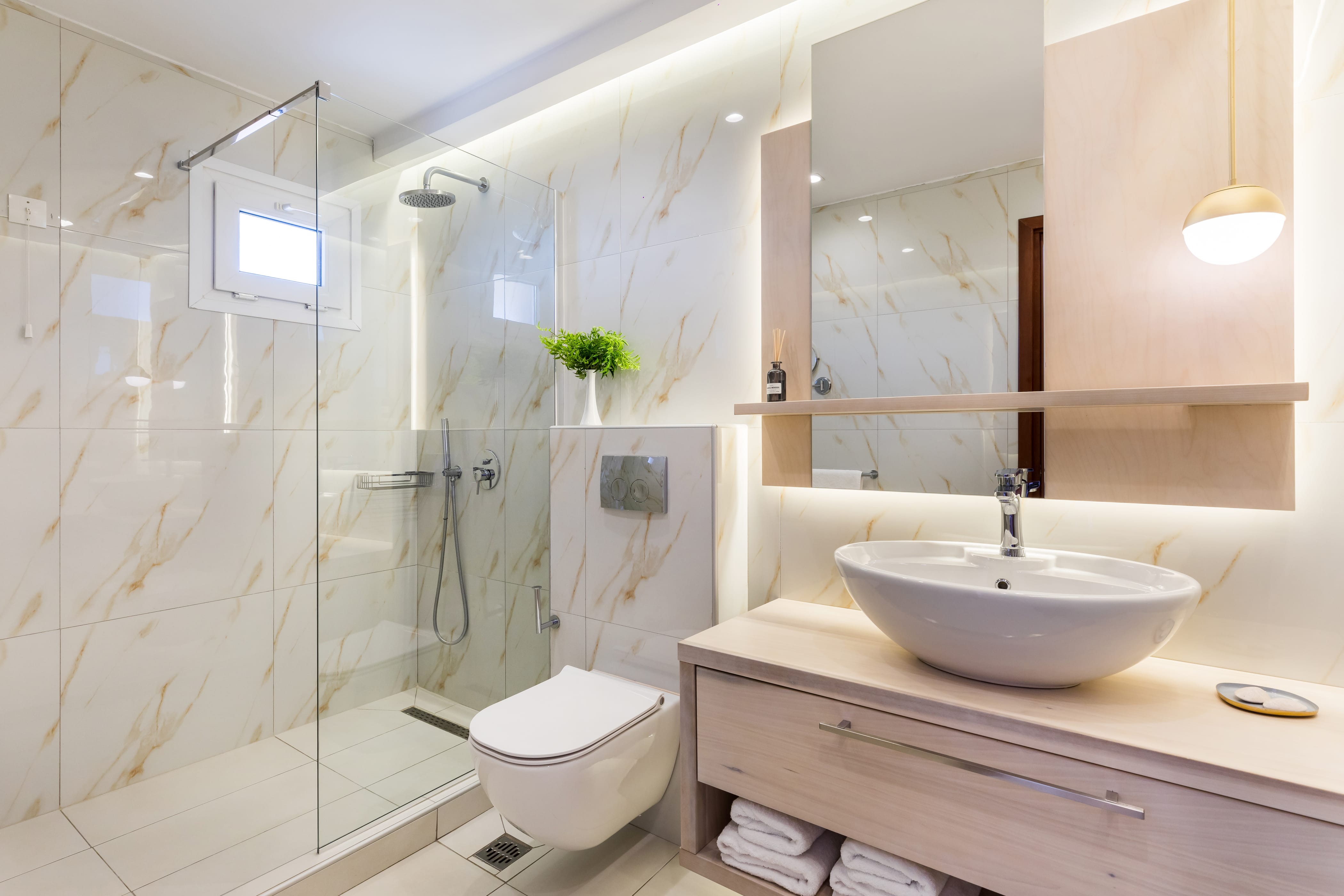 a bathroom with a glass shower
