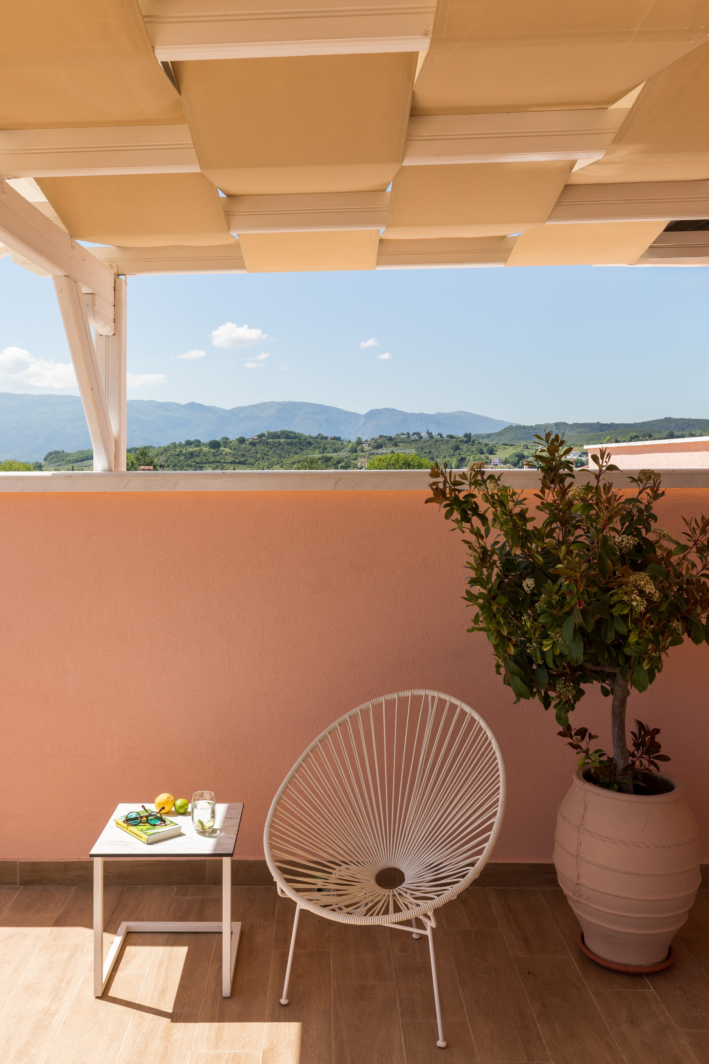 a fan and a plant in a room with a window