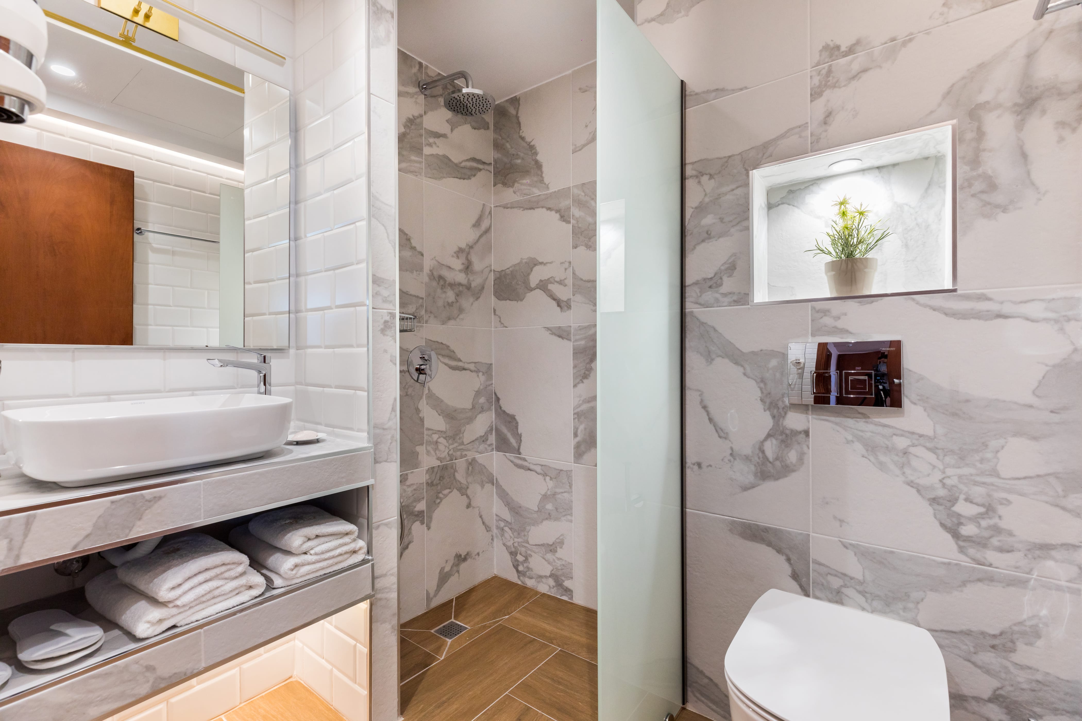 a bathroom with a shower curtain