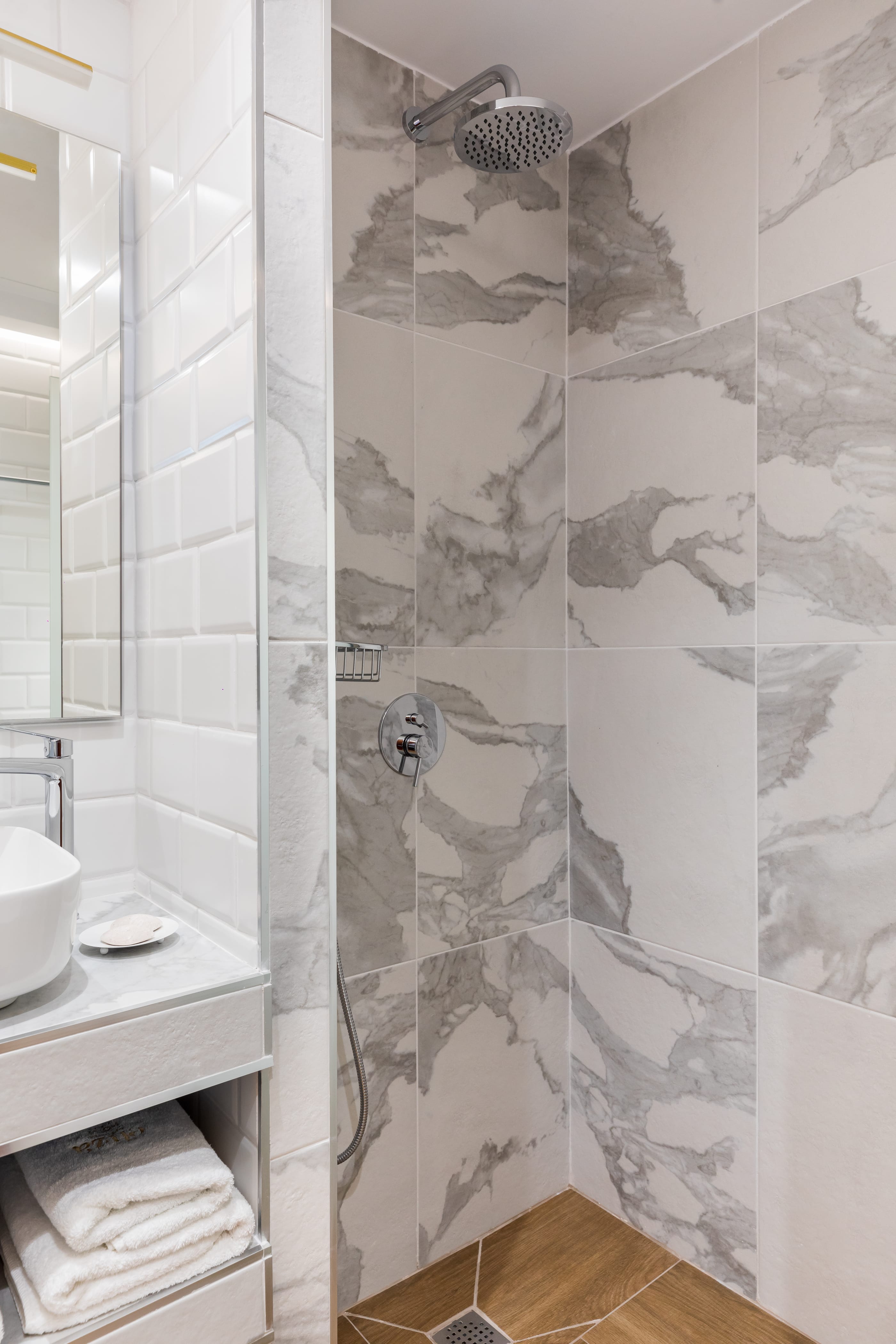 a shower curtain with a design