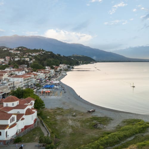 a beach with buildings and trees