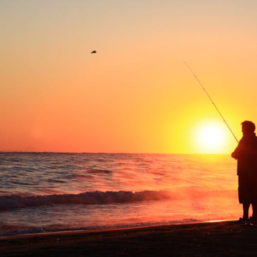 a man fishing at sunset