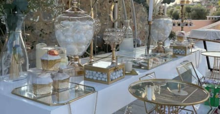 a group of glass vases on display
