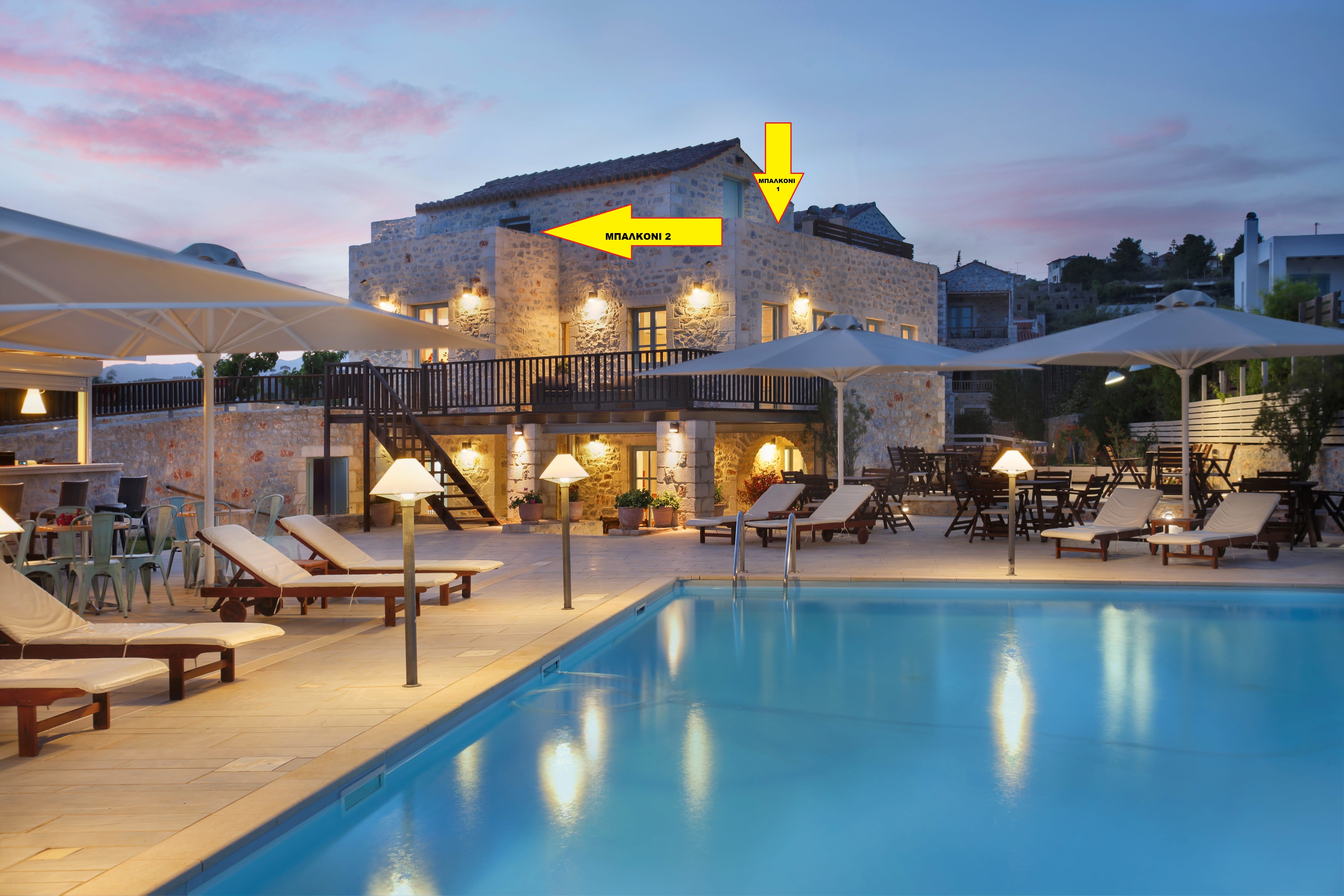 a pool with a building in the background