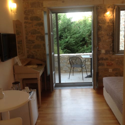 a room with a glass door