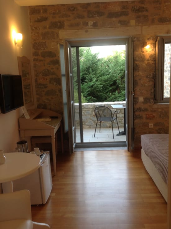 a room with a glass door