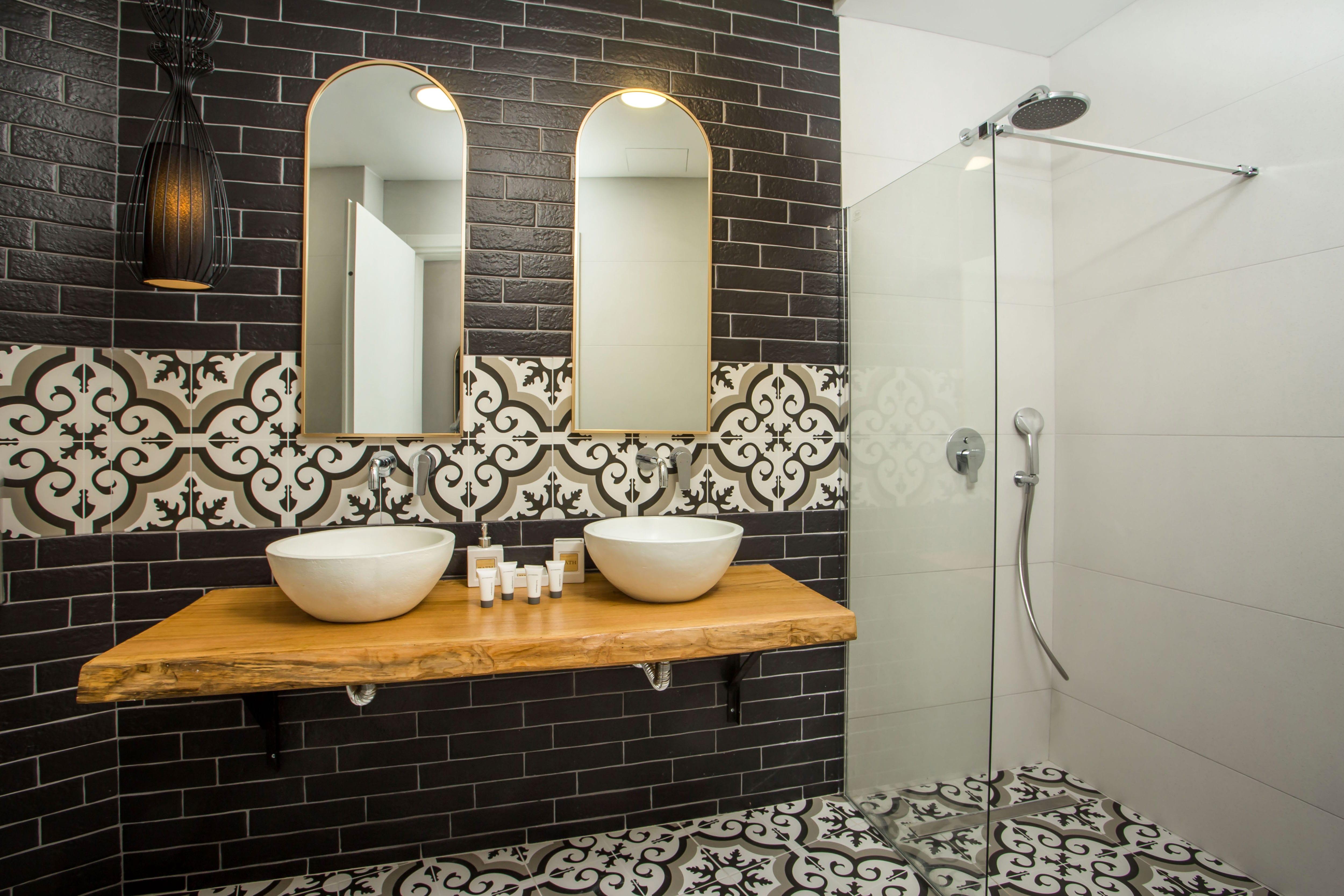 a bathroom with a marble countertop