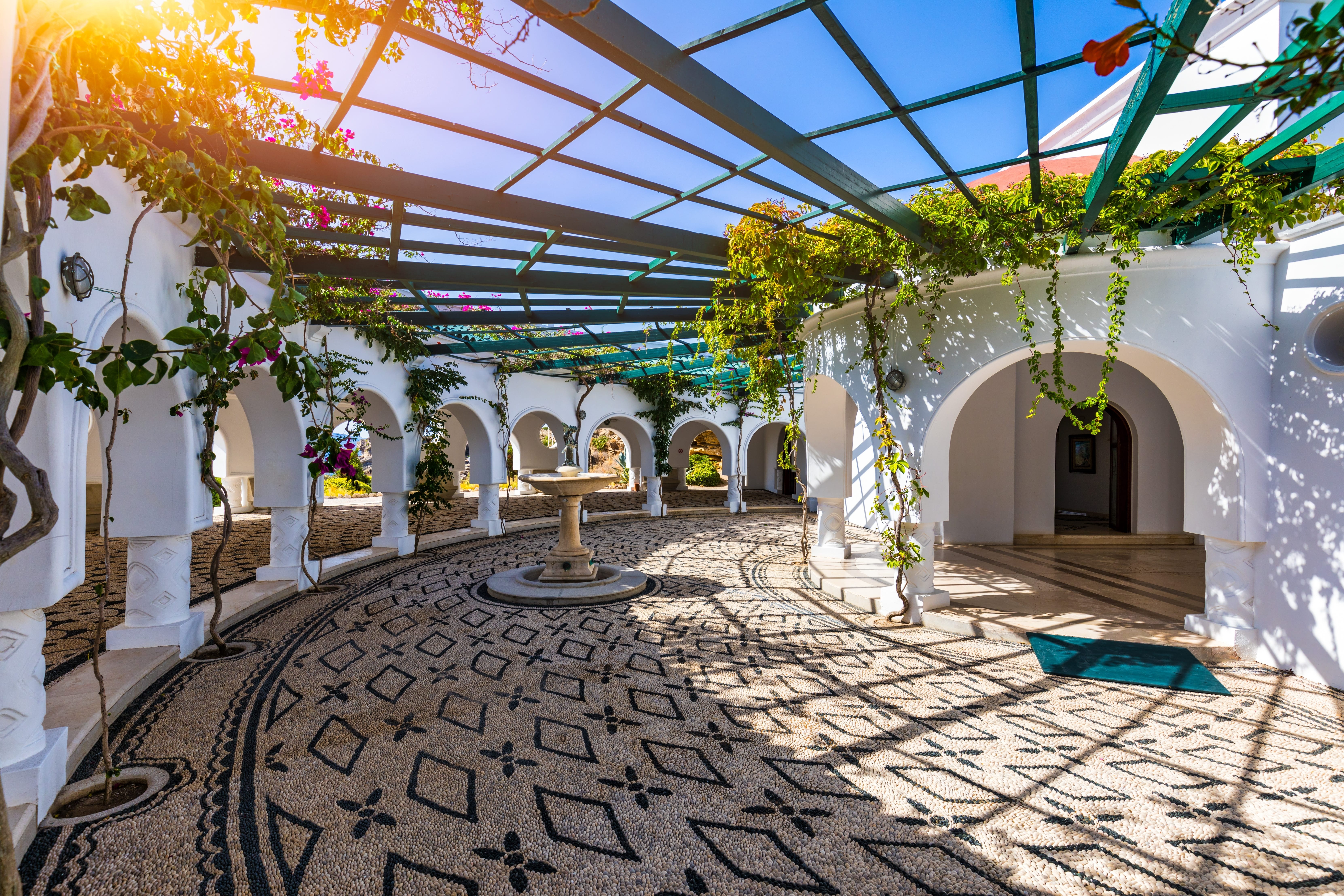 a courtyard with a fountain and plants