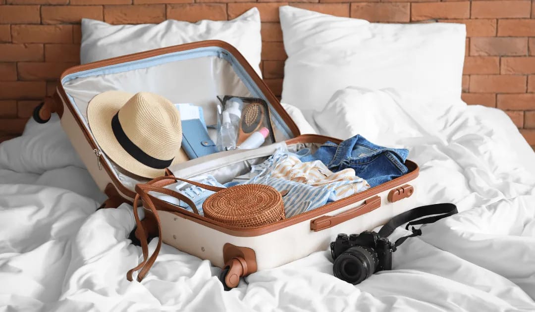 a suitcase with clothes and a hat