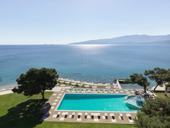 a pool next to a beach