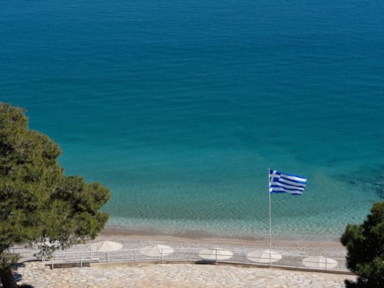 a flag on a pole by the water