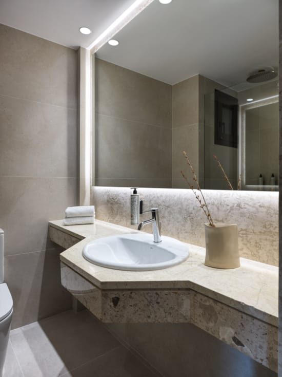 a bathroom with a large mirror