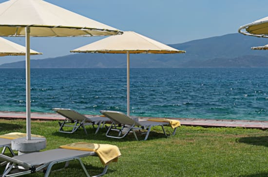 a group of umbrellas sit near a body of water