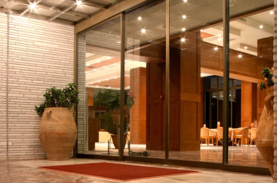 a room with glass doors