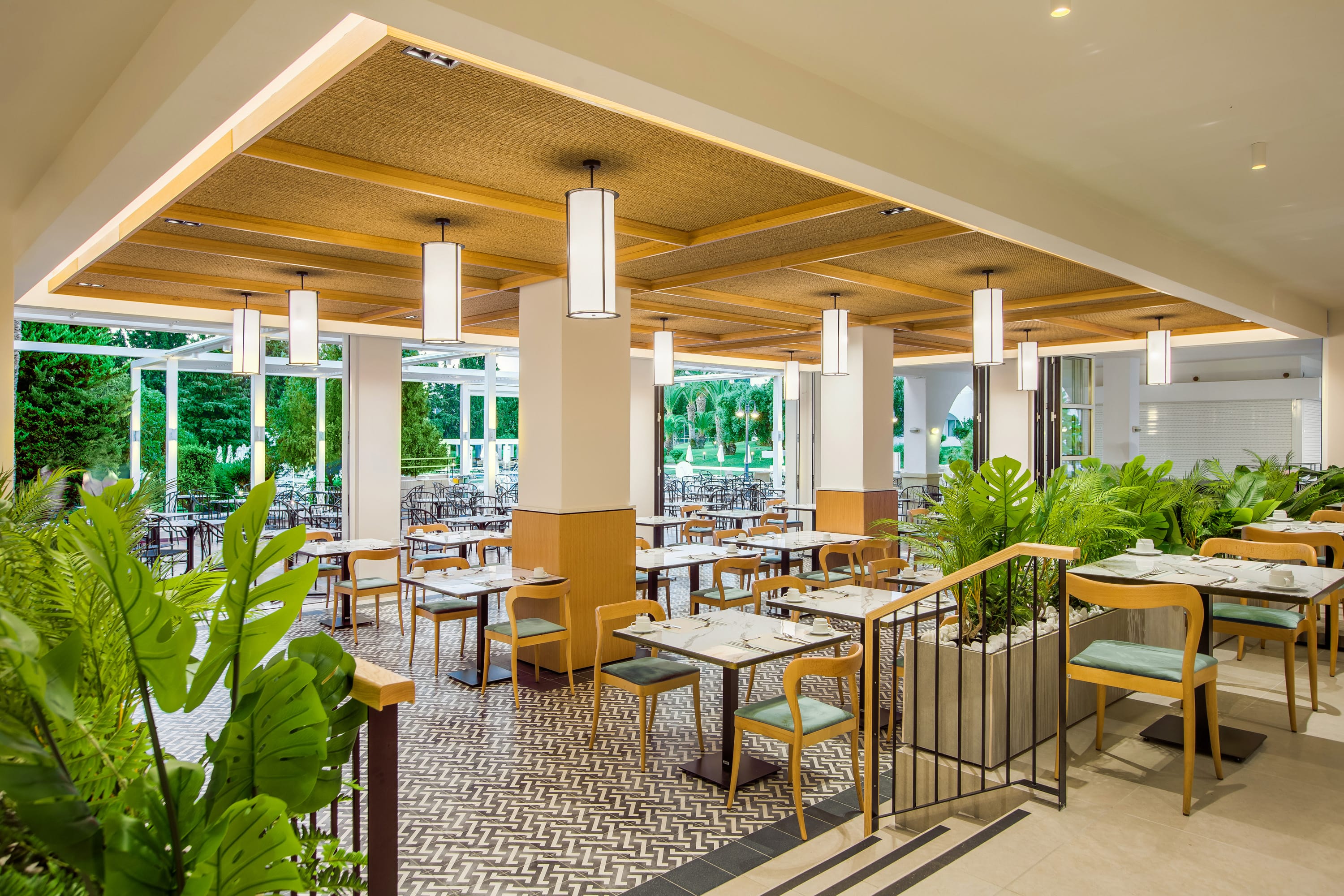 a room with tables and chairs