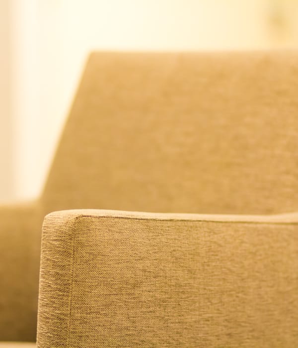 a tan couch with a white pillow