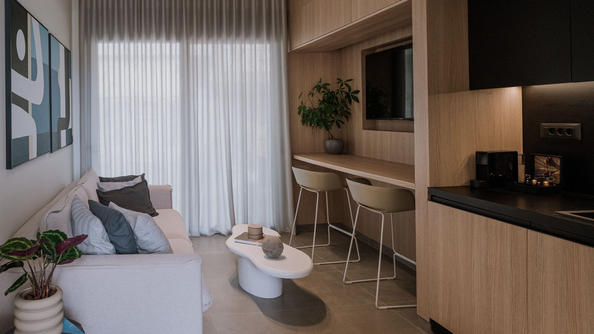 a room with a couch and a table