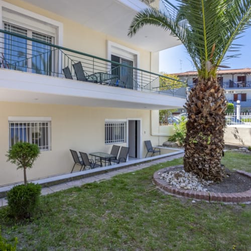 a courtyard with a palm tree and chairs and a building