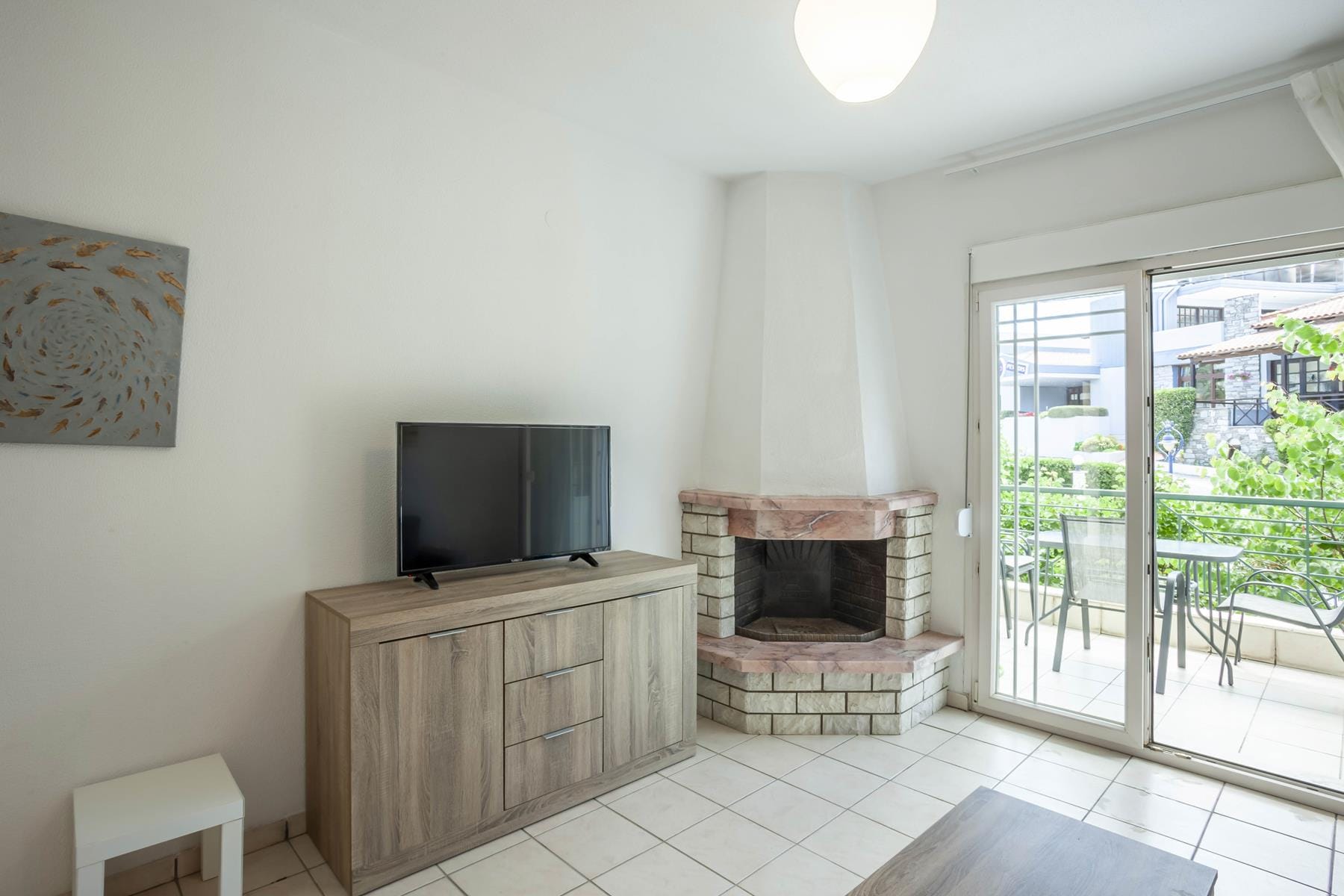 a living room with a fireplace