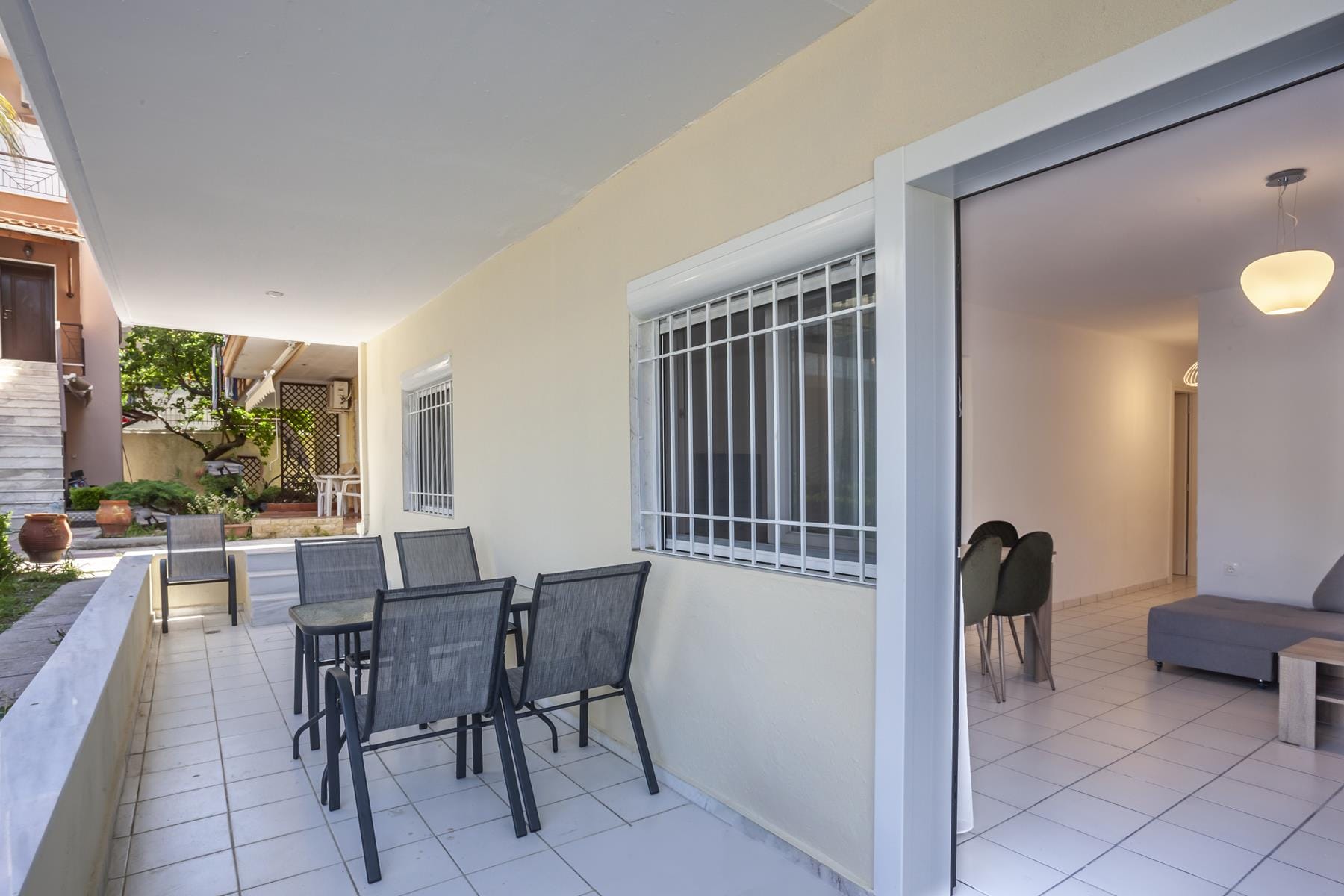 a room with chairs and tables