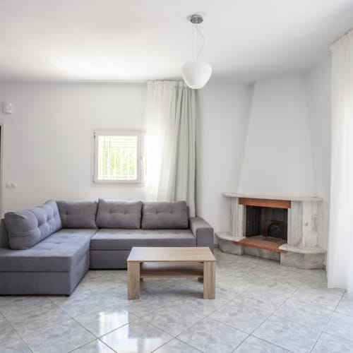 a living room with a fireplace