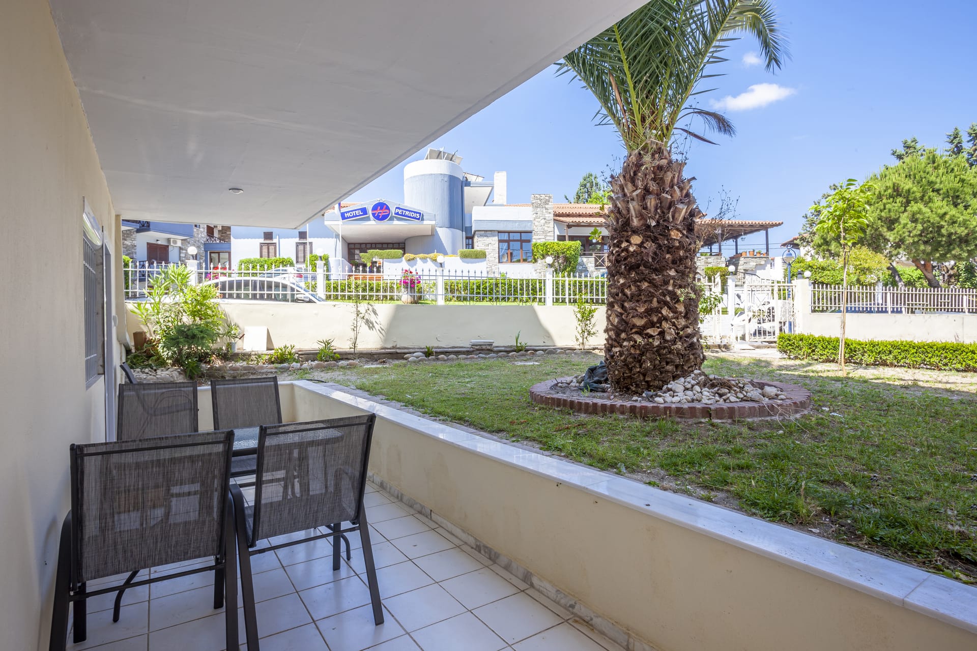 a patio with a palm tree and a pool