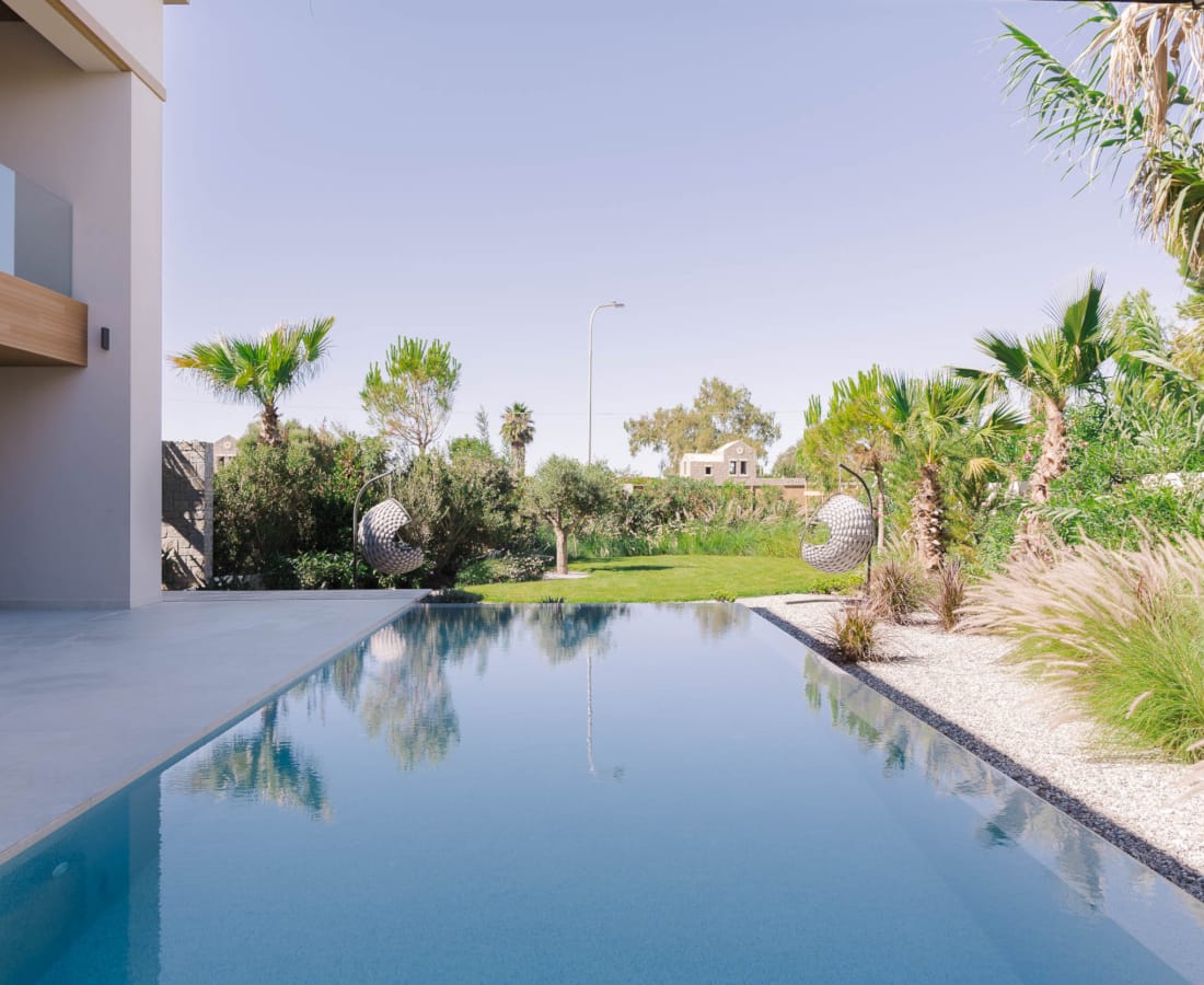 a pool with trees around it