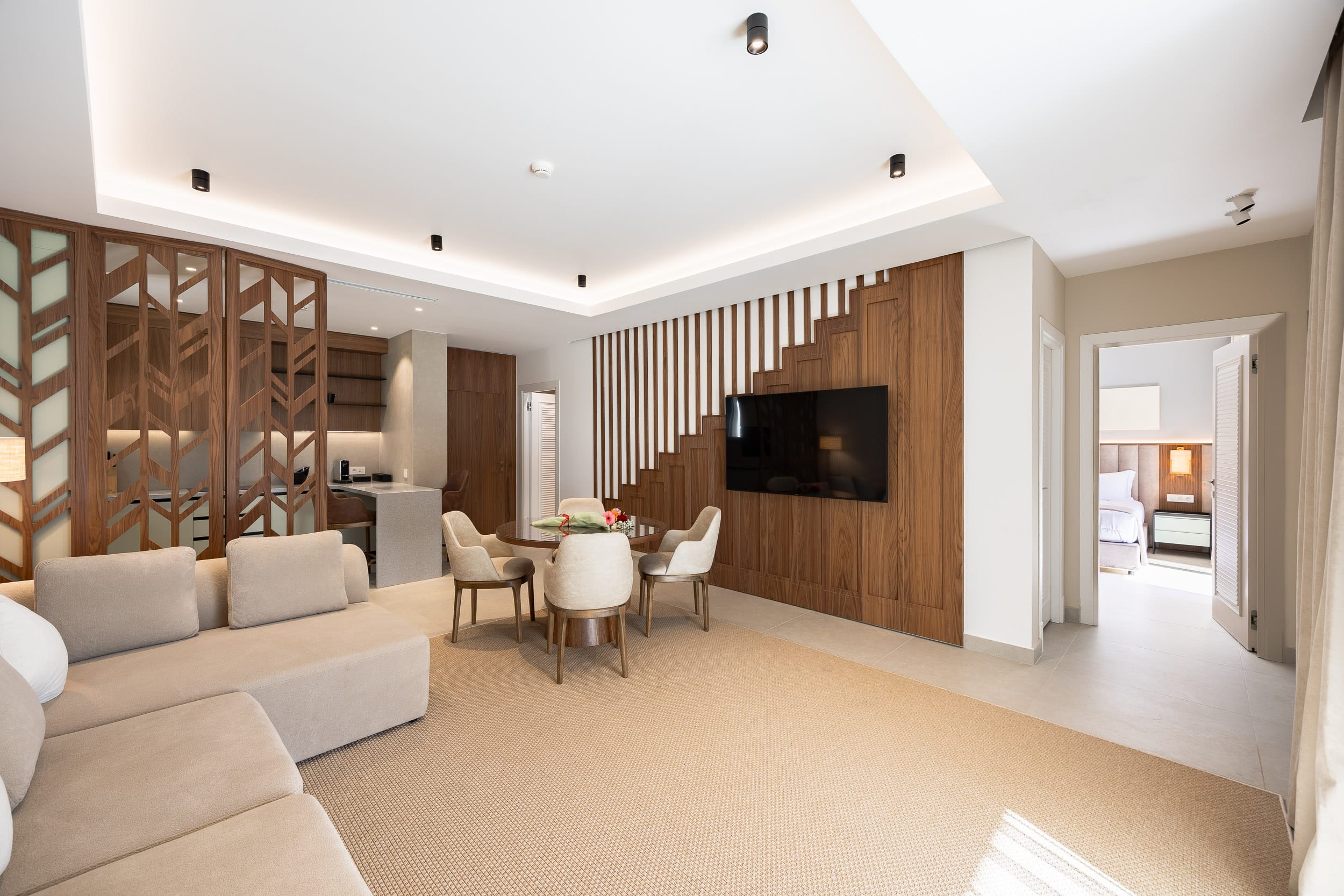 a living room with a fireplace