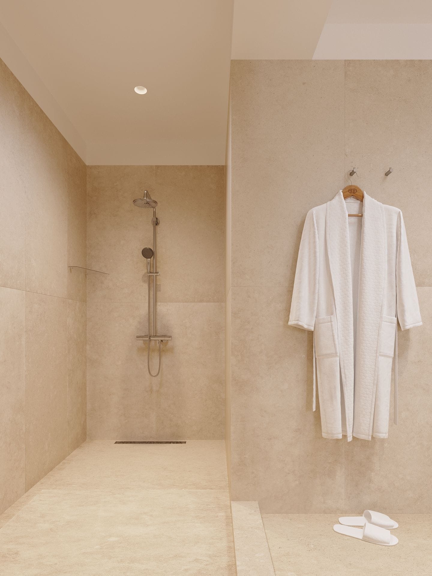 a bathroom with a shower and a sink